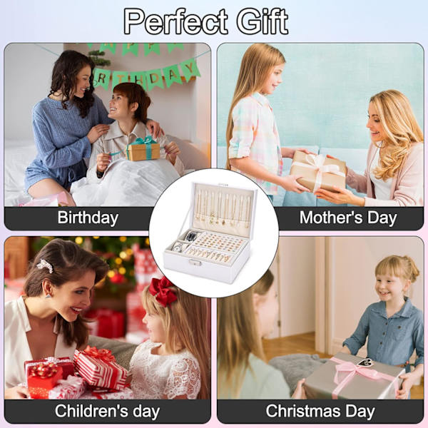 2-lags Stor Smykke Organiser Box, PU Læder, Smykke Organiser til Øreringe Ringe Halskæder Ure Armbånd White