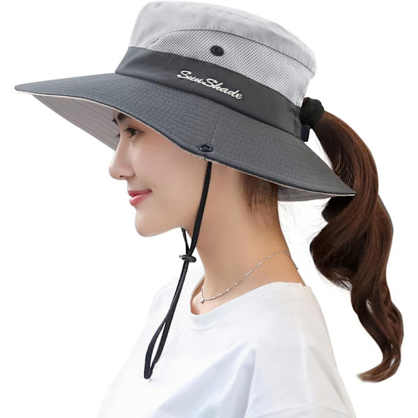 Naisten Poninhäntä Auringonhattu UV-Suojaus Taitettava Verkko Leveä Reuna Ranta Kalastushattu Two-color adult—light gray