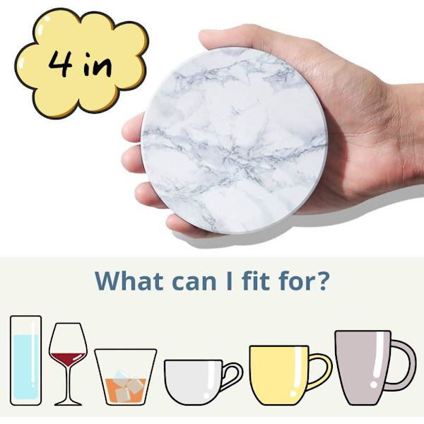 Coasters - Coasters Sæt af 6 - Marmor Coasters Keramik - Coasters med Holder og Kork Base, til Kvinder Mænd til Forskellige Kopper, Borde & Hjemmeindretning, 4 '' White Marble