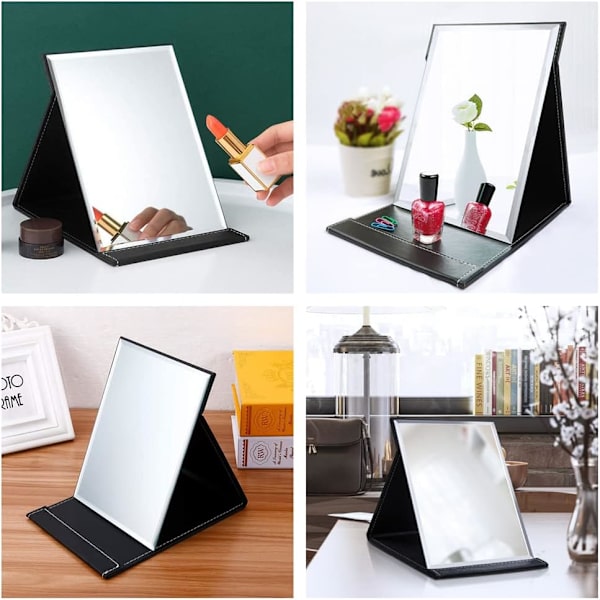 Bærbar Foldbar Makeup Spejl Sort PU Læder Rejse Spejl med Stativ Skrivebord Vanity Spejl til Rejser Camping (17 * 12,2 cm)