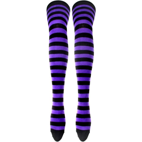 Långa Stickade Vantar Knähöga Randiga Strumpor Leggings Festdräkt Tillbehör 2 Par Set, Svart och Lila, One Size Lila Purple