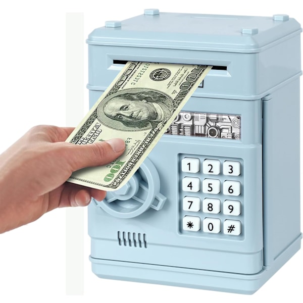 Elektronisk spargris, Mini ATM lösenord pengabänk kontanter mynt sparbössa för barn, tecknad säker bankbox perfekt leksaks gåvor för pojkar flickor Light Blue