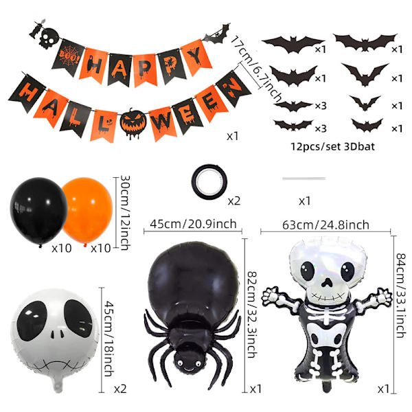 Halloween Dekorasjoner Fest Henge Sett - Hallowmas Banner Ballonger Henge Svirler Edderkopp Gresskar Katt Ornamenter Forbruksvarer spider skull