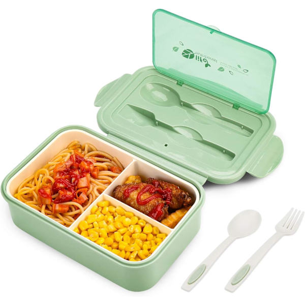 Lounasrasia, Vuotamaton Bento-rasia, Ruokasäiliö 3 Lokerolla ja Syömävälineillä, BPA-vapaa, Mikroaaltouuni- ja Astianpesukoneen Kestävä Ruokavalmistelusäiliö - Vihreä