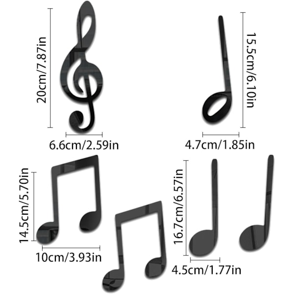 Musikknotestickere | Pakke med 6 akrylmusikkveggdekor-klistremerker, Kreativ musikkinspirert veggdekor, Limt speil Silver