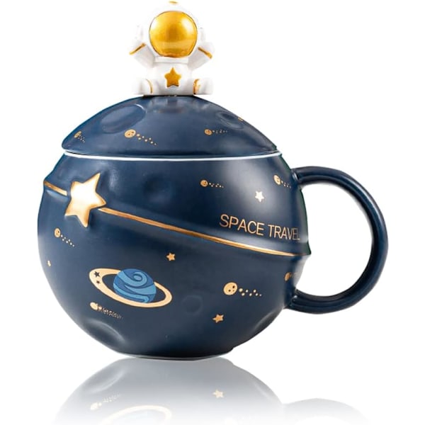 Kawaii Astronaut Kop Space Embossed Planet Kandekop, Sød Keramisk Kaffe Kop, Nyhedskop med Låg og Ske til Kaffe, Te, Mælk, Værelsesindretning Gave Fødselsdag Dark Blue