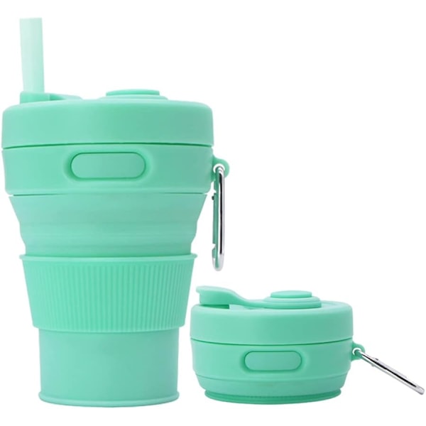 Hopfällbar kaffemugg i silikon, hopfällbara muggar för camping, hopfällbar resmugg med sugrör, återanvändbar, bärbar dricksmugg för utomhusvandring, 450 ml Green