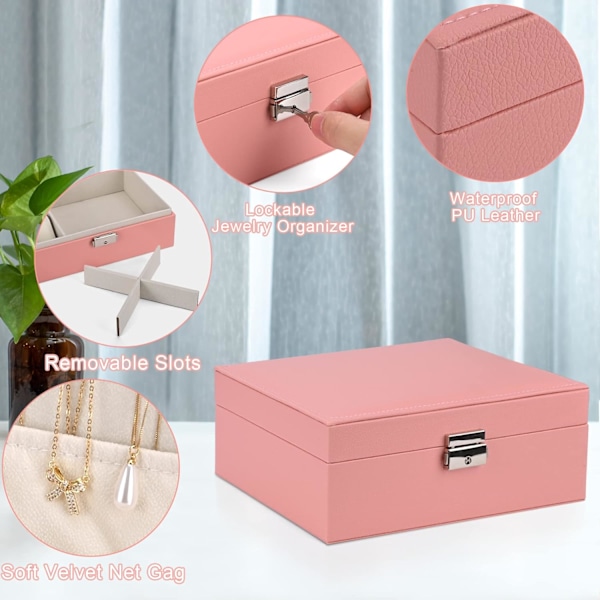 2-lags Stor Smykke Organiser Box, PU Læder, Smykke Organiser til Øreringe Ringe Halskæder Ure Armbånd Pink