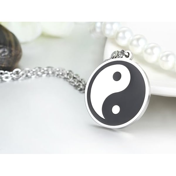 Halskæde med Yin Yang Symbol i Rustfrit Stål, Sort & Sølv Taijitu Ying Vedhæng til Mænd