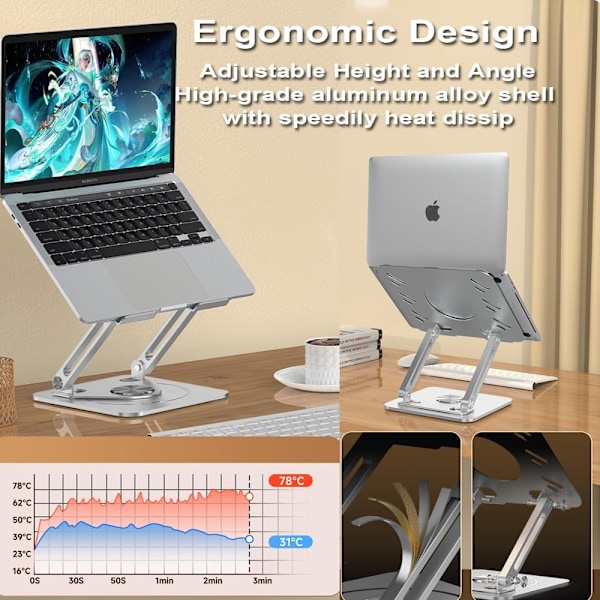 Laptopstativ för skrivbord, justerbart aluminiumstativ med 360° roterande bas, hopfällbar ergonomisk höjare, bärbar hållare kompatibel