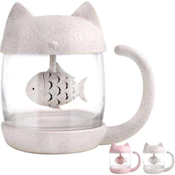 250ML Kattmugg Glas Temugg Kopp med Fisk Teinfuser Silfilter, Personlig Mugg Jul Födelsedagspresenter för Vän