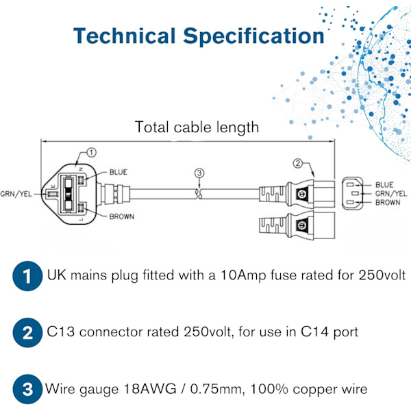 1,5 Meter UK Strömkabel (IEC320C13 till BS 1363) Vattenkokare Sladd/Strömkabel, Svart