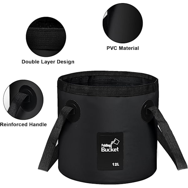 Foldbar Spand - Foldbar Camping Opbevaringsbeholder Sammenklappelig Spand 12L Bærbar Let Spand til Camping Rejser Fiskeri Sejlads og Havearbejde 12l Black