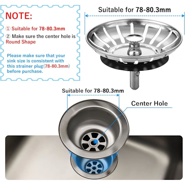 Rostfritt Stål Diskho Sil Hålsil Ersättning Mat Hår Catcher Filter för Kök Diskho Sil, Diameter 78mm