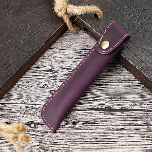 Læder Pen Etui Holder, Beskyttende Pen Etui, Fyldpen Holder Etui, med Metal Knap, Ægte Læder Håndlavet, til Stylus Touch Pen, Kuglepen Purple