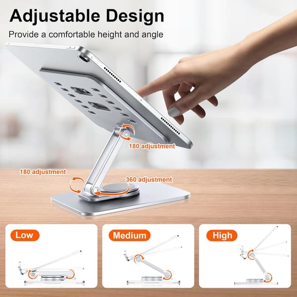 Tablettstativ, iPad-stativholder, Aluminium 360° roterende sammenleggbart skjermstativ