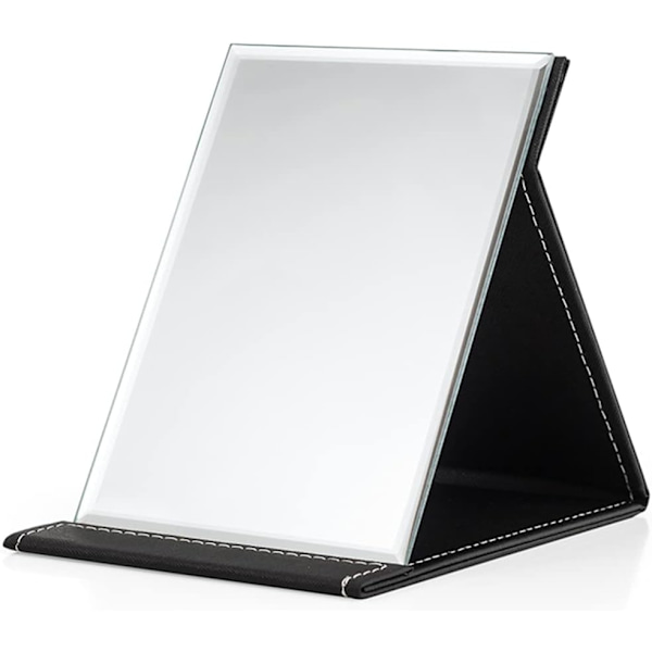 Bærbar Foldbar Makeup Spejl Sort PU Læder Rejse Spejl med Stativ Skrivebord Vanity Spejl til Rejser Camping (17 * 12,2 cm)