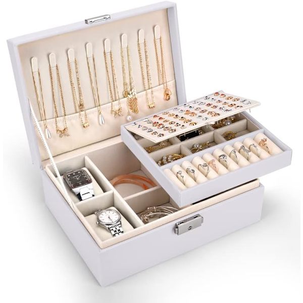 2-lags Stor Smykke Organiser Box, PU Læder, Smykke Organiser til Øreringe Ringe Halskæder Ure Armbånd White