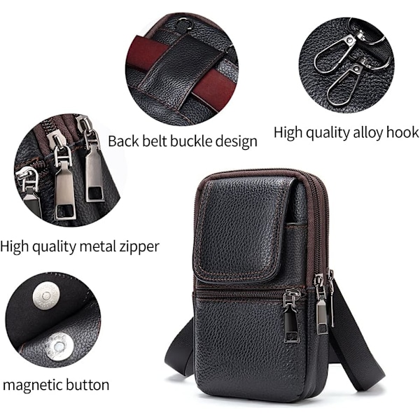 Mobiltelefon axelväska läder svart, herr mobiltelefon midjeväska med klämma, smartphone axelhölster läder crossbody
