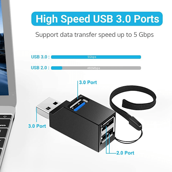 USB-hubb, Mini USB 3.0-hubb, bärbar adapter, höghastighetsutvidgning, multi-USB-hubb, splitter, ledningsadapterkabel för PC-bärbar dator