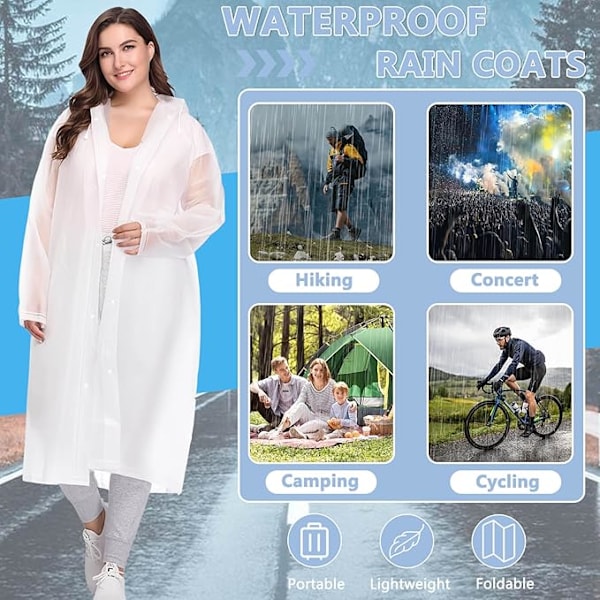 Sateenkaappi Takki Vedenpitävä, 2 Pakkausta Uusiokäyttöisiä Ponchoja Huppuineen ja Hihoineen, Kevyet Vedenpitävät Ponchot Miehille ja Naisille, Matkustukseen ja Ulkoiluun White