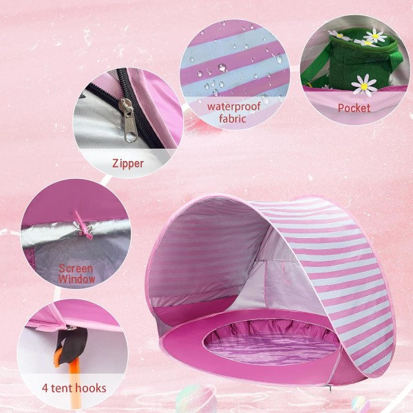 Baby strandtält med pool, uppgradera Easy Fold Up & Pop Up Unique Ocean World baby, för åldrarna 3-48 månader baby (UV-skydd - Pool Rose)
