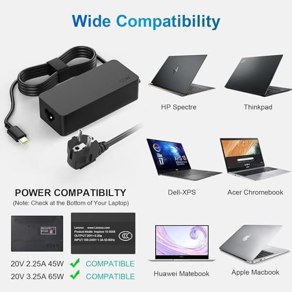 65W USB-C Strømadapter til Bærbar Computer til Lenovo ThinkPad Huawei