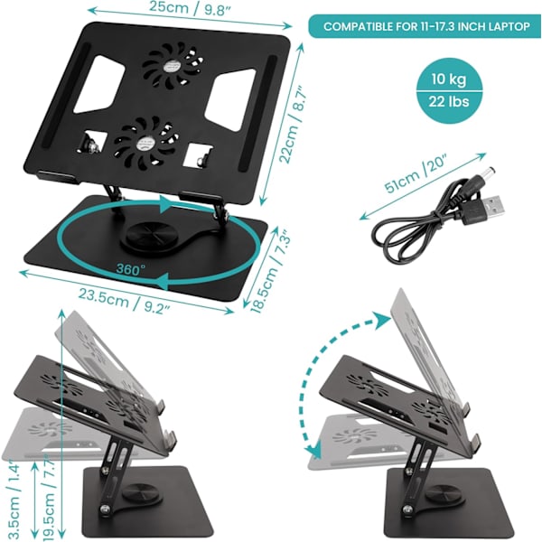 Justerbar Laptop Stativ til Skrivebord - 360° Drejelig Base, Foldbar Laptop Højder med Køleplader - Ergonomisk Bærbar & Kompatibel