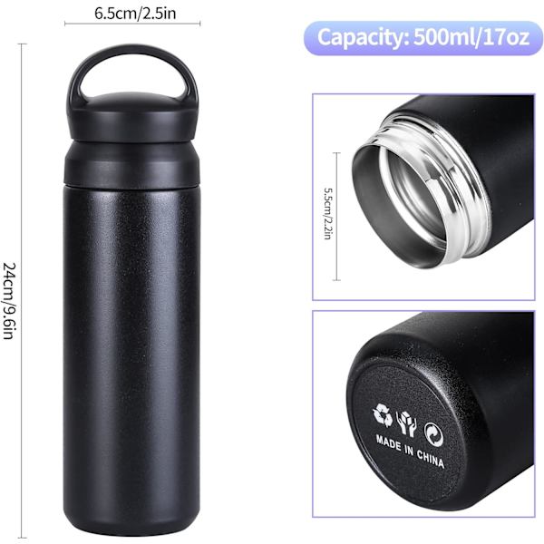 Isolerad rostfri vattenflaska 17 oz, 500 ml vakuummetall dricksflaska kall varm dryck flaska för arbete skola camping picknick återanvändbar 500ml-17oz Black