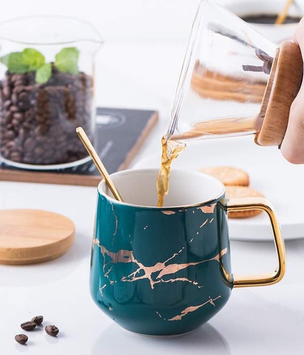 Porslin Te Kopp Kaffe Mugg Set för Eftermiddagste - Marmormönster Green Tall