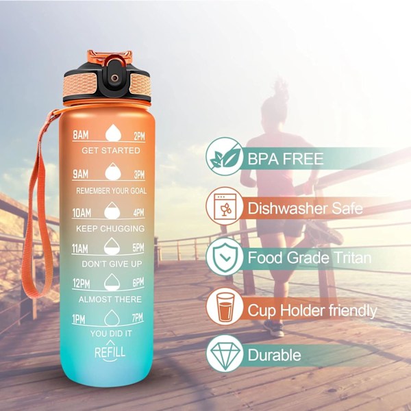 1 liters vattenflaska med sugrör, tidsmarkeringar Sport vattenflaska för fitness, utomhus, cykling, gym, skola och kontor Blue-green gradient