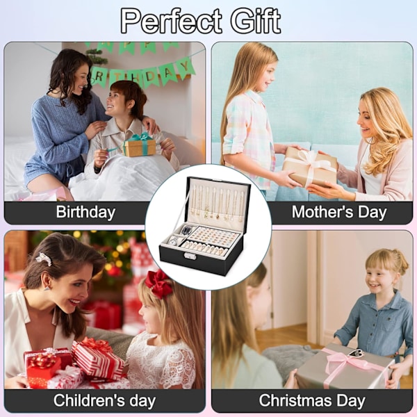 2-lags Stor Smykke Organiser Box, PU Læder, Smykke Organiser til Øreringe Ringe Halskæder Ure Armbånd Black