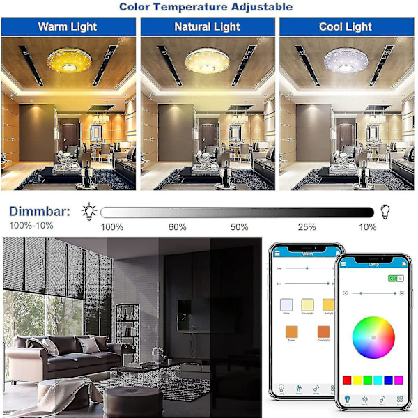 Dimbar LED-taklampa med RGB-färgväxling och Bluetooth-högtalare, LED-lampa för kök, barnrum, sovrum, vardagsrum