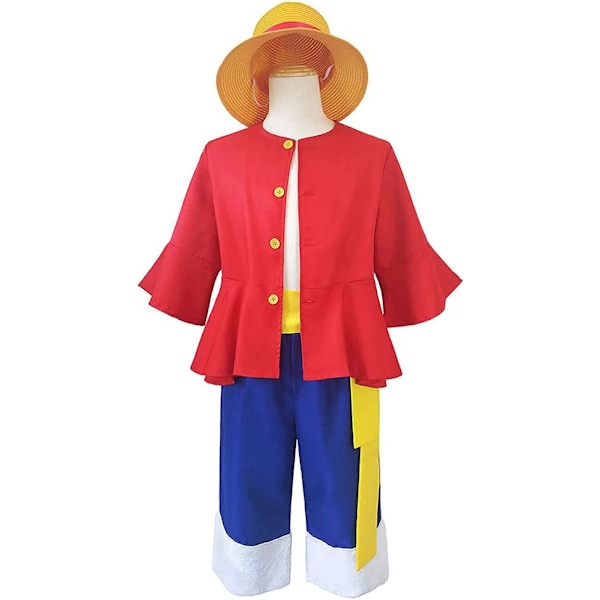 Monkey D. Luffy Cosplay Kostym Anime Uniform Halloween Karneval Cosplay Monkey D. Luffy Skjorta och Byxor med Halmhatt Full Set för Vuxna Barn M