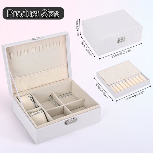 2-lags Stor Smykke Organiser Box, PU Læder, Smykke Organiser til Øreringe Ringe Halskæder Ure Armbånd White