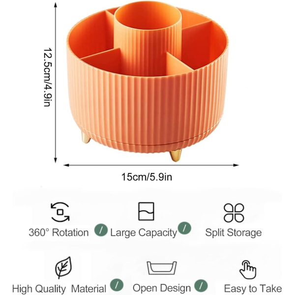 360° Drejelig Makeup-Organiser Makeup-Pens Holder med 5 Rum til Kommode Soveværelse Badeværelse Kontor Orange