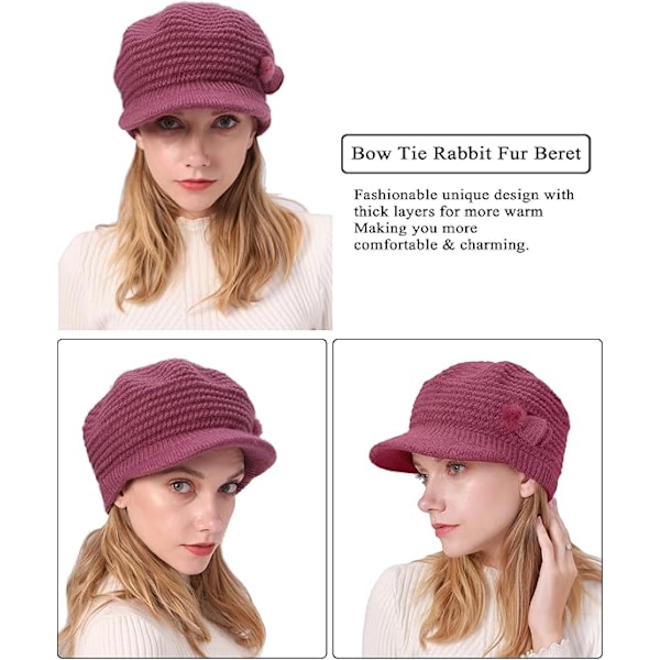 Mössa för kvinnor vintermössor fleecefodrad mössa blommig stickad mössa dam baskermössa med brätte cloche mössor termisk mössa dammössor ull, rosa