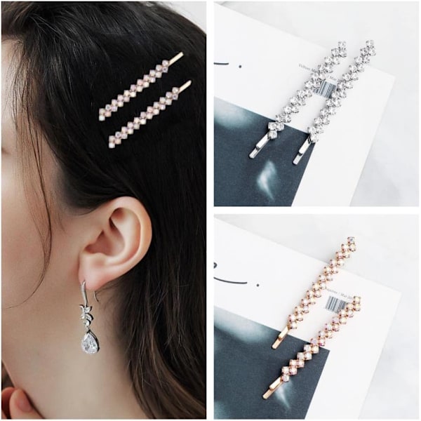 4 Styk Rhinestone Bobby Pins Bling Crystal Metal Hårklemmer Greb Glide Enkelt Række Slank Diamant Rhinestone Bobby Pin Silver / Rose Gold