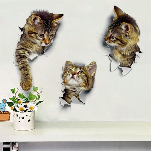 Søde 3D Katte Vægmærker 3 Pak Vægstickers Piger Drenge Soveværelser Stue Vægdækning Cat 1