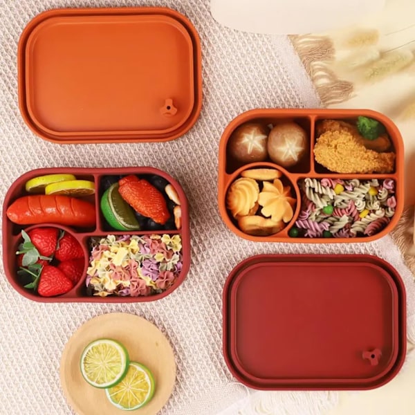 Bento Lunchboks, Silikon Madopbevaringsbeholder til Børn og Voksne, 4 Rum Lunchboks, Mikrobølgeovn Opvaskemaskine Red