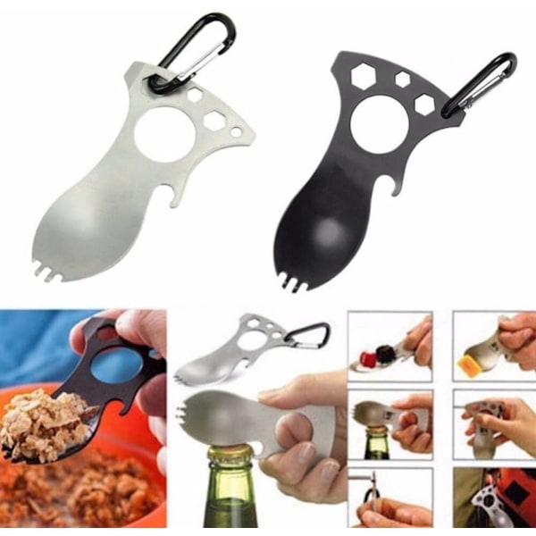 2-pack multifunktionell utomhuscamping gaffel sked hexagon flasköppnare karbinhake camping picknick bestick gaffel sked