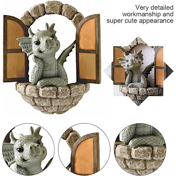 Vacker innergård Dinosaurie Skulptur Väggdekoration, Väderbeständig Hartsstaty Miniatyrer Liten Drake Mediterar