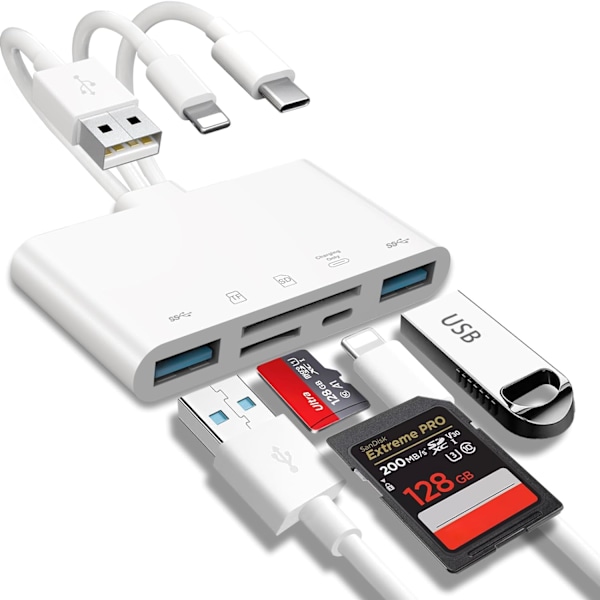 5-i-1 minneskortsläsare, USB OTG-adapter och SD-kortläsare för iPhone/iPad, USB C- och USB A-enheter med Micro SD- och SD-kortplatser