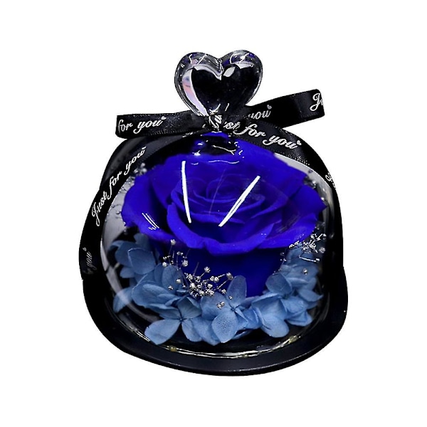 Evig bevart ekte rose i glasskuppelgave, hjertedesign til Valentinsdag, jul, bursdag - blue