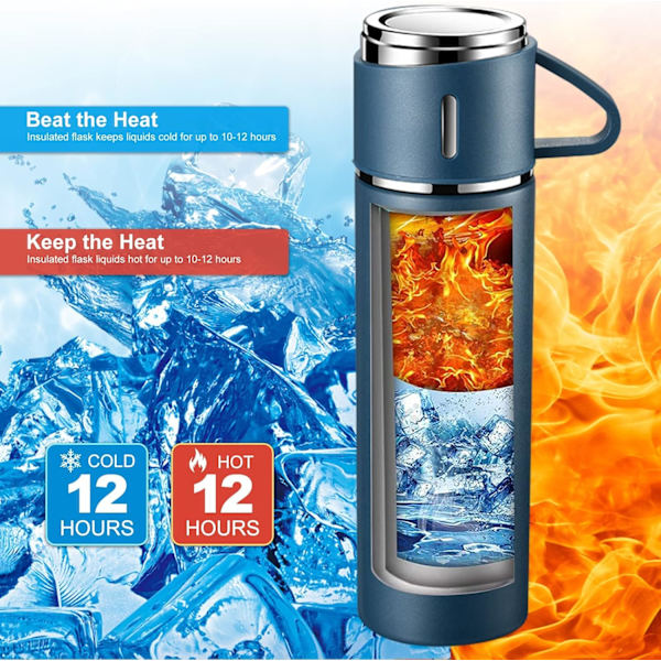 Vannflaske i rustfritt stål, Isolerte reisekrus med lekkasjesikkert lokk og håndtak, 500 ml dobbelvegget vakuumkolbe, kaffekopp drikkeflaske holder i 12 timer, blå