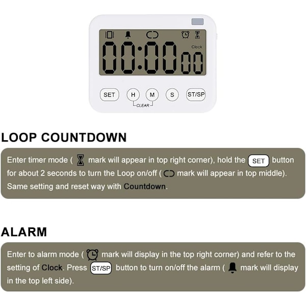 Digital Timerur, Multifunktionel Digital Ur Nedtællingstimer Begivenhedstimer med Alarm, Magnetisk Bagside Storcifret Display Vibration/Lydalarm 1 pack
