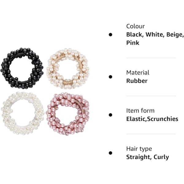 4 stk. Perle Hår Elastikker, Elastiske Hårbånd Ponytail Holder Scrunchies Strammende Hårring til Kvinder