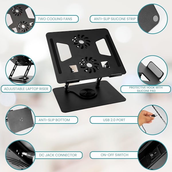 Justerbar Laptop Stativ til Skrivebord - 360° Drejelig Base, Foldbar Laptop Højder med Køleplader - Ergonomisk Bærbar & Kompatibel