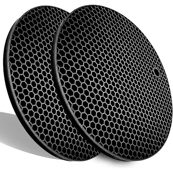 Extra Thick Silicone Trivets Set of 2,Round Honeycomb Nonslip Pot Holder and Oven Mitts Rubber HotFlexible Mats Heat Resistant Up to 464°F (2 x Black)