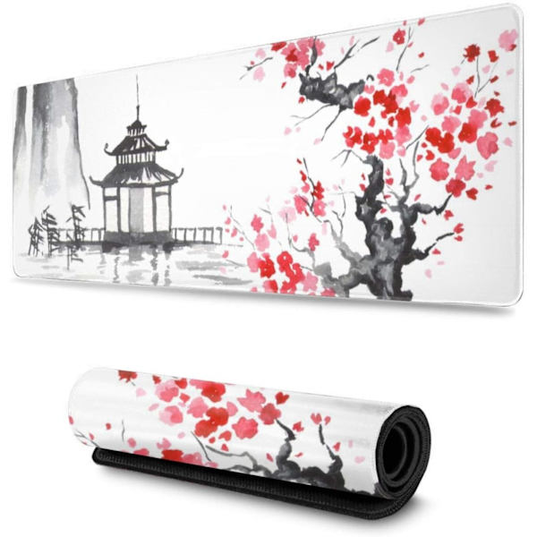 Gaming Mouse Pad XL Japansk Maleri Kirsebærblomst Udvidet Stor Mouse Pad Langt Skrivebordsunderlag med Syet Kanter 800x300x2mm